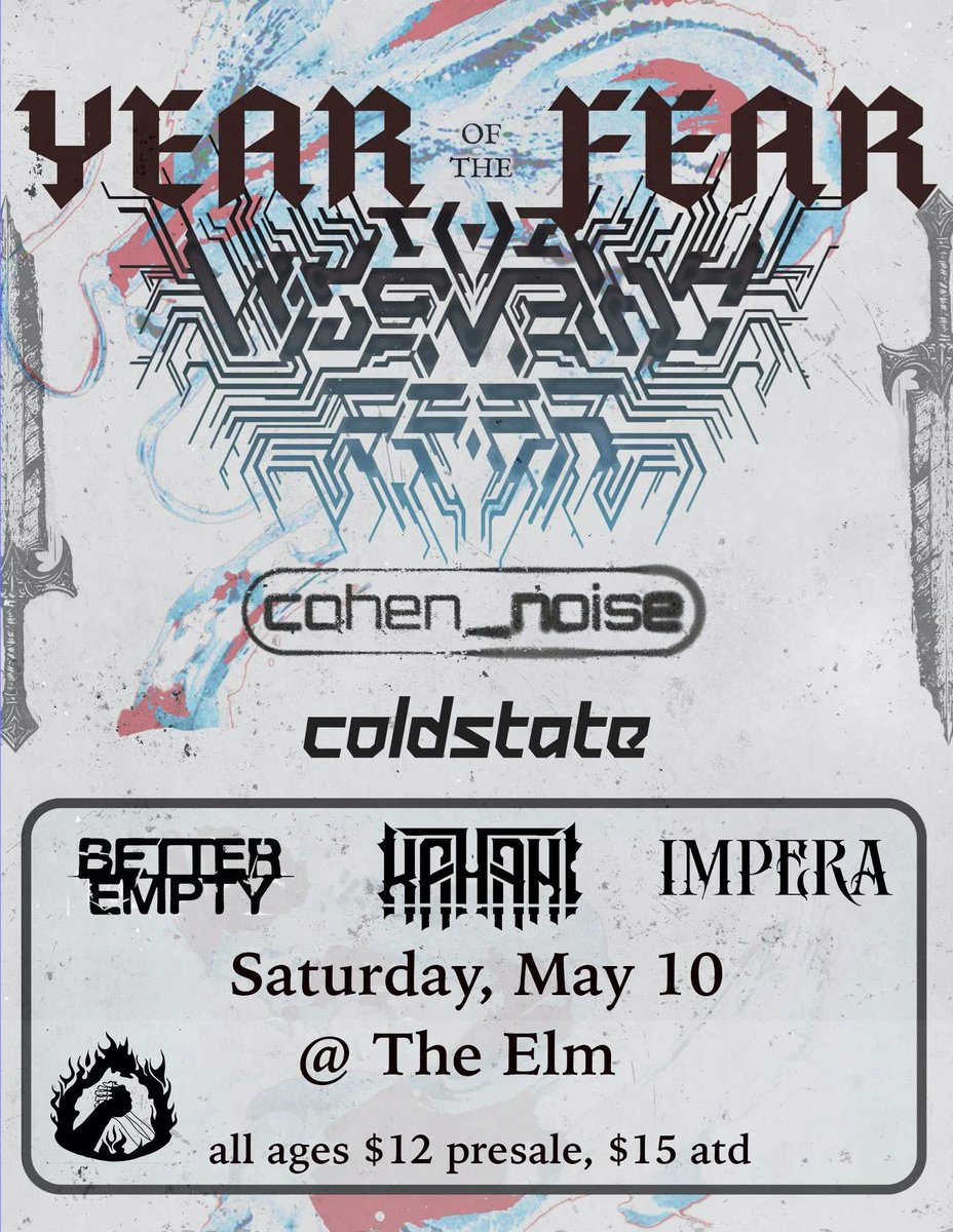 coldstate (@coldstatemf) on Twitter photo 🚨🚨🚨🚨🚨
WOOHOO! ANOTHER SHOW ANNOUNCEMENT!
This time we will be tearing it up with <a href="/twmfband/">The Wise Man's Fear</a> - <a href="/cohen_noise/">cohen_noise</a> - @betteremptyband - <a href="/kahani/">life</a>.indy - @impera_band 🔥
Huge thanks to @dieatribebooking for setting this show up 😤
HENDERSON, KY WE ARE COMING FOR YOU MAY 10 🚨🚨🚨🚨🚨
WOOHOO! ANOTHER SHOW ANNOUNCEMENT!
This time we will be tearing it up with <a href="/twmfband/">The Wise Man's Fear</a> - <a href="/cohen_noise/">cohen_noise</a> - @betteremptyband - <a href="/kahani/">life</a>.indy - @impera_band 🔥
Huge thanks to @dieatribebooking for setting this show up 😤
HENDERSON, KY WE ARE COMING FOR YOU MAY 10