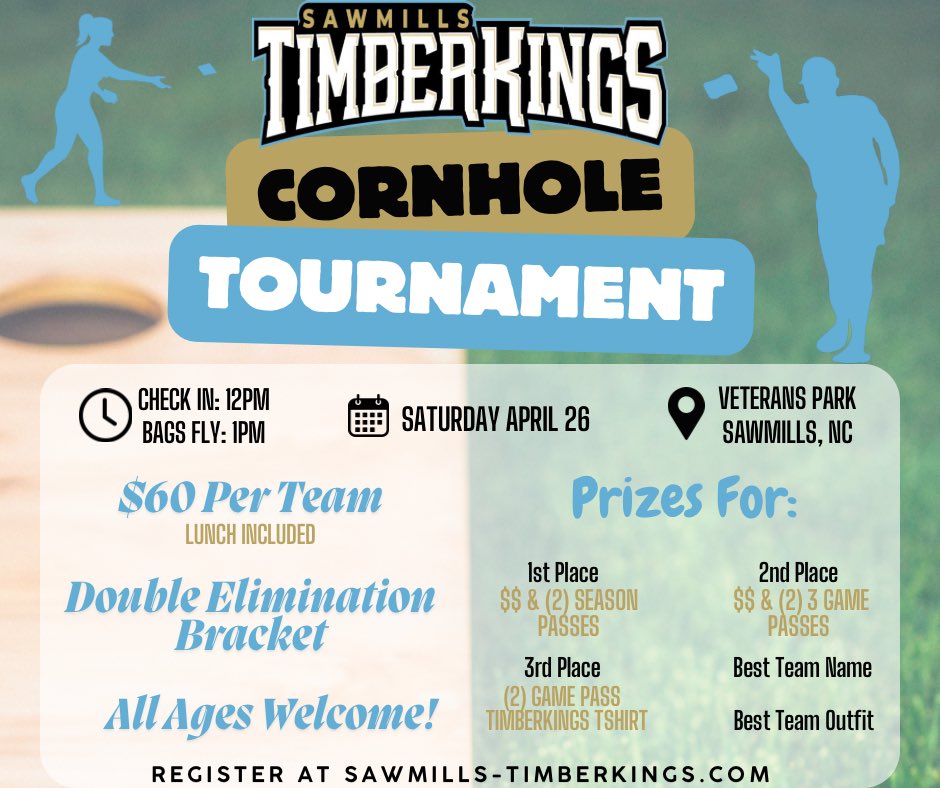 ‼️Come be a part of the first ever Sawmills Timberkings Cornhole Tournament‼️
All proceeds will go towards Timberkings player expenses this summer. 
sawmills-timberkings.com/cornhole-tourn…