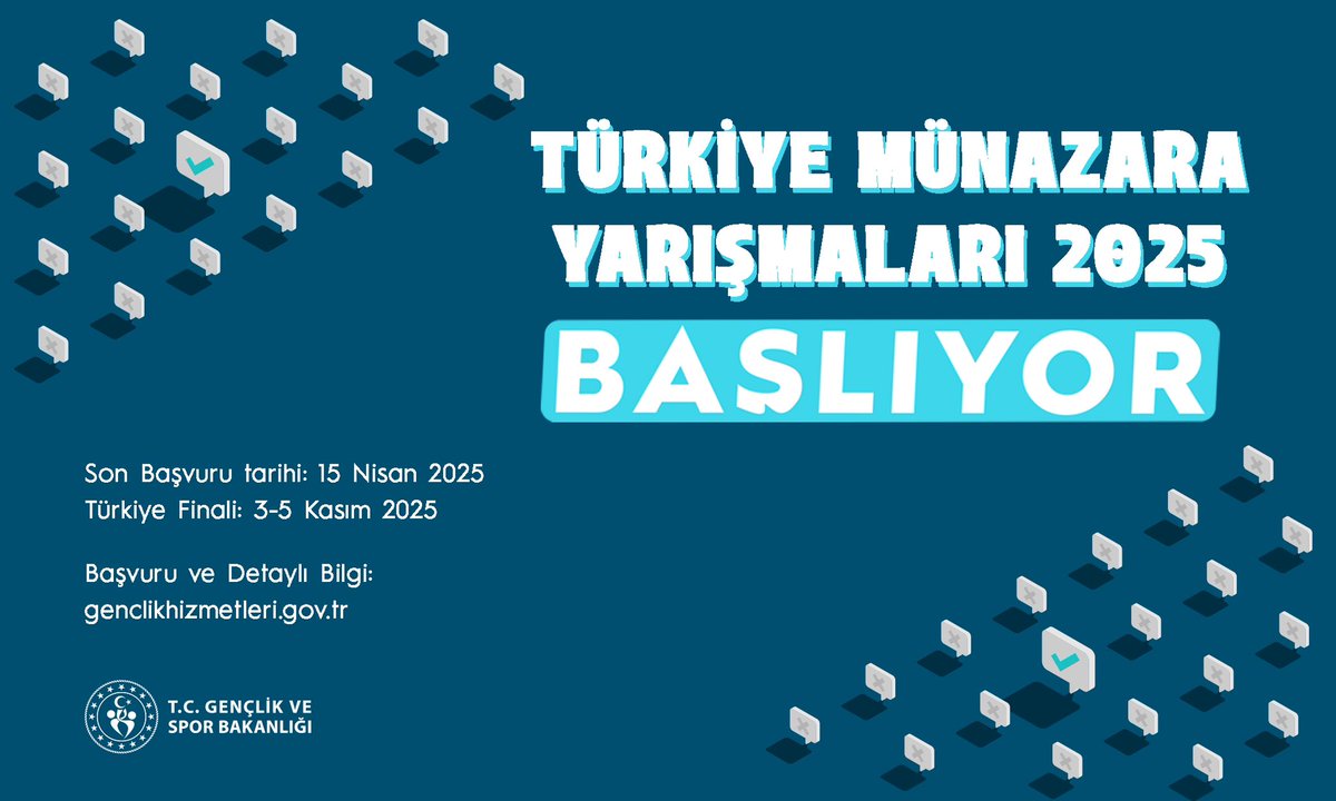 Türkiye Münazara Yarışmaları 2025 Başlıyor!📣

Etkili konuşma, ikna yeteneği ve takım ruhunu geliştirmek isteyen gençler için kürsüye çıkma vakti!

📌 Kimler katılabilir?
Lise (13-17 yaş) ve üniversite (18-25 yaş) öğrencileri

📅 Son Başvuru: 15 Nisan 2025
📍 Türkiye Finali: 3-5