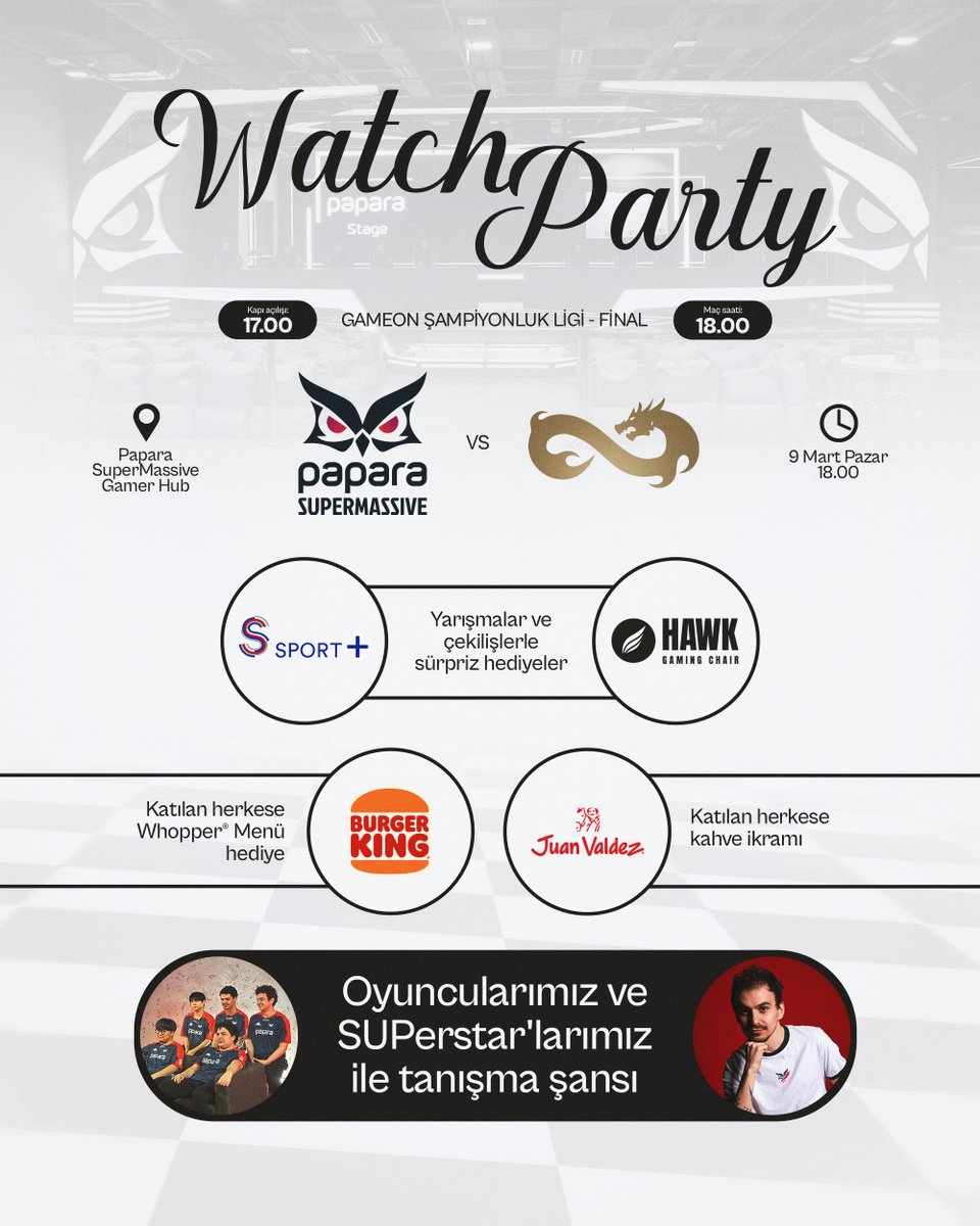 FİNAL GÜNÜ KOL KOLAYIZ! 🤜🏻🤛🏻

Pazar günü oynanacak GAMEON Şampiyonluk Ligi Büyük Final karşılaşmasını Papara SuperMassive Gamer Hub'da rakibimiz Eternal Fire ile birlikte düzenlediğimiz watch party'de izliyoruz!

Form linki aşağıda ⬇️