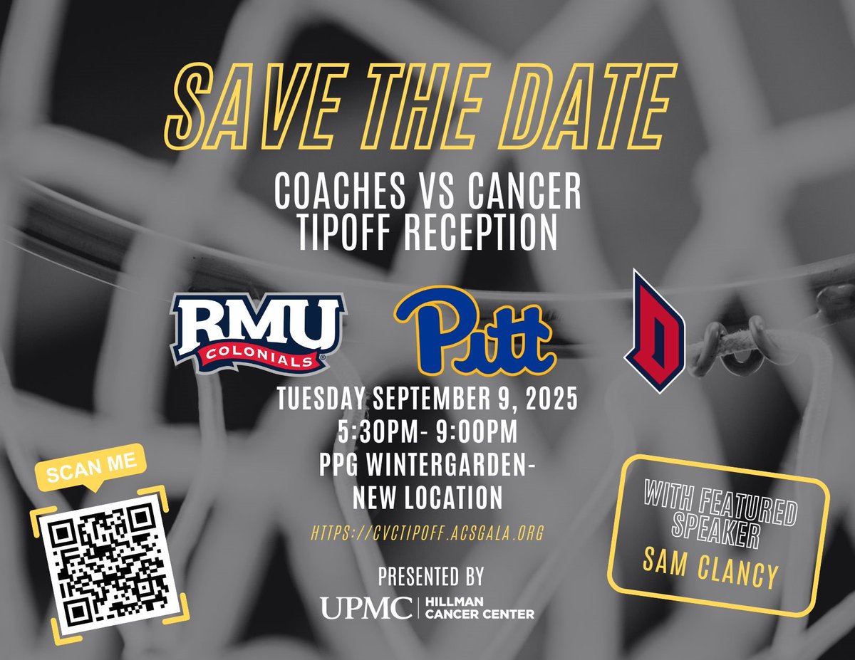 Coaches vs Cancer Pittsburgh (@cvcpittsburgh) on Twitter photo Mark your calendars for Tuesday, September 9th at the PPG Wintergarden (new location) for Coaches vs. Cancer!
We are honored to have <a href="/SamBamClancy/">Sam Clancy</a> as our Champion of Hope speaker and our Fighting Spirit Honoree.
For more information visit cvctipoff.acsgala.org Mark your calendars for Tuesday, September 9th at the PPG Wintergarden (new location) for Coaches vs. Cancer!
We are honored to have <a href="/SamBamClancy/">Sam Clancy</a> as our Champion of Hope speaker and our Fighting Spirit Honoree.
For more information visit cvctipoff.acsgala.org