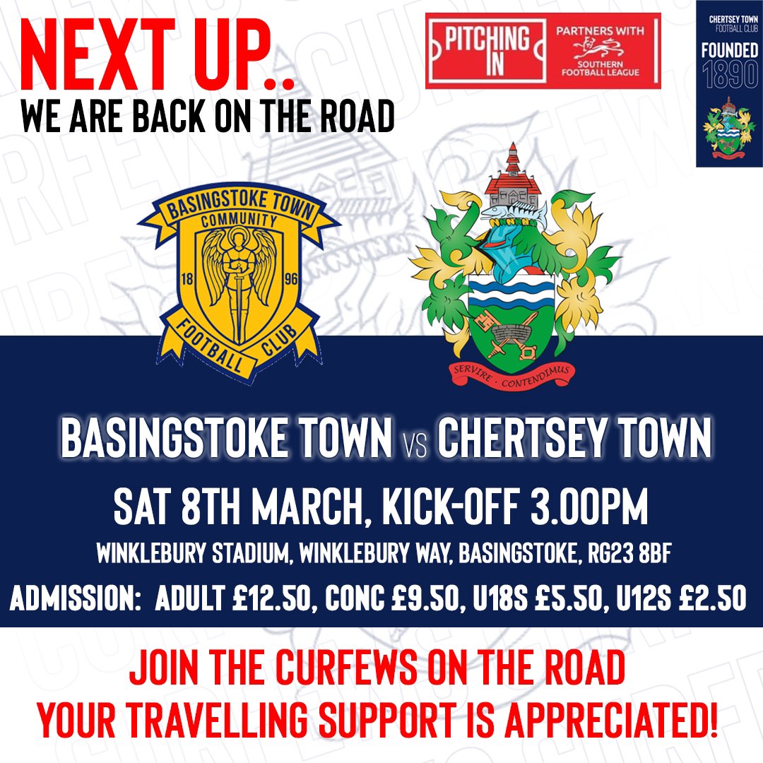 (C)hertsey Town FC (@thecurfews) on Twitter photo NEXT UP…..
We hit the road as we travel south-down the M3 to take on <a href="/Basingstoke_FC/">Basingstoke Town FC</a>
Safe journey to all Curfews supporters making the journey - your support really does make a difference!
🗓️ Sat 8th March
🆚 Basingstoke Town
🕒 3PM KO
🏟️ Winklebury Stadium, RG23 8BF. NEXT UP…..
We hit the road as we travel south-down the M3 to take on <a href="/Basingstoke_FC/">Basingstoke Town FC</a>
Safe journey to all Curfews supporters making the journey - your support really does make a difference!
🗓️ Sat 8th March
🆚 Basingstoke Town
🕒 3PM KO
🏟️ Winklebury Stadium, RG23 8BF.