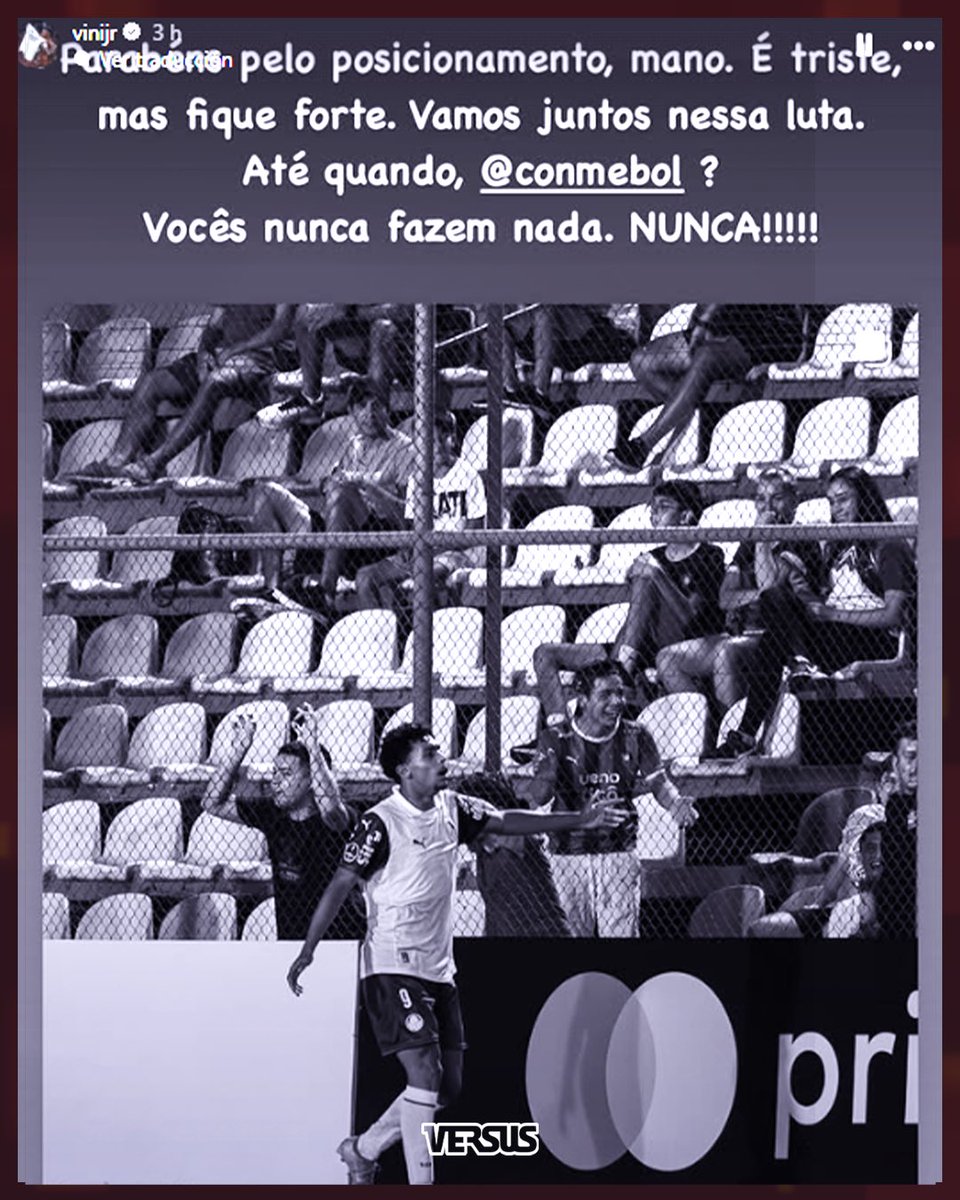 SomosVsSports's tweet image. “¿Hasta cuándo Conmebol? Ustedes nunca hacen nada, NUNCA”

Parte del mensaje de apoyo de Vinícius a su compatriota Luighi Hanri, jugador del Palmeiras, que sufrió actos de racismo en nuestro país.

🗣️“Felicitaciones por el posicionamiento, hermano. Es triste, pero me mantiene…