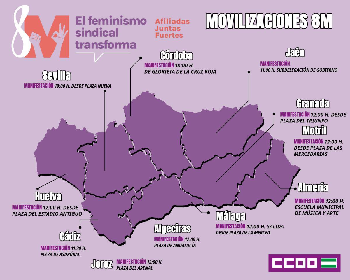 CCOO de Andalucía (@ccooandalucia) on Twitter photo <a href="/nurialomar/">Nuria López Marín</a> 💜 8M | 📢 Mañana salimos a la calle en toda Andalucía. 💪🏻
🗓️ Puedes consultar en el mapa el lugar y la hora de las manifestaciones previstas ⬇️
🟣 ¡Te esperamos! 🟣
#ElFeminismoSindicalTransforma #8M <a href="/nurialomar/">Nuria López Marín</a> 💜 8M | 📢 Mañana salimos a la calle en toda Andalucía. 💪🏻
🗓️ Puedes consultar en el mapa el lugar y la hora de las manifestaciones previstas ⬇️
🟣 ¡Te esperamos! 🟣
#ElFeminismoSindicalTransforma #8M