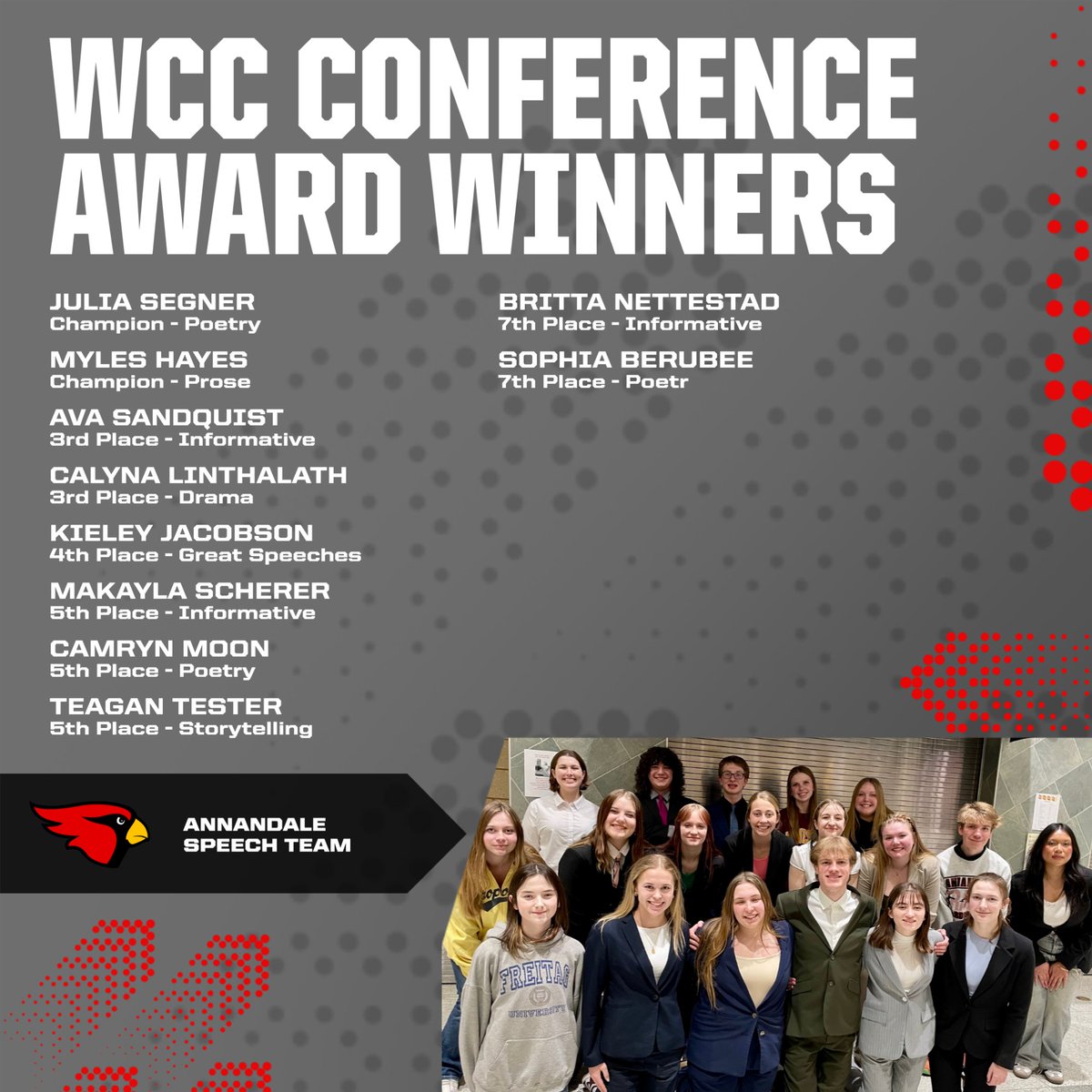 Congratulations to our speech team members who placed at the WCC Conference meet in Jordan, especially our two conference champions, Julia and Myles!