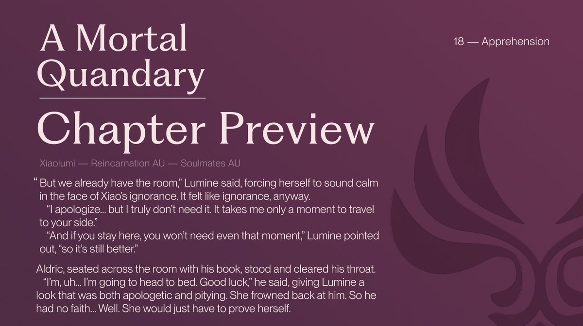 lilibelleao3's tweet photo. Teaser:
A Mortal Quandary Chapter 18: Apprehension
Chapter will be posted on March 17 π
Reincarnation|Soulmates AU Xiaolumi
#xiaolumi #ιθ #xiao #lumine #genshinimpact #εη₯ #chapterteaser https://t.co/ZkFA6SA44w