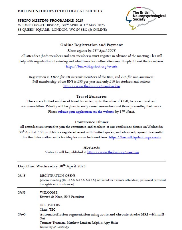 BNS_Neuropsych's tweet image. Here it is! 🎉Programme for Day One of the @BNS_Neuropsych #BNSSpringMeeting. 🧠
