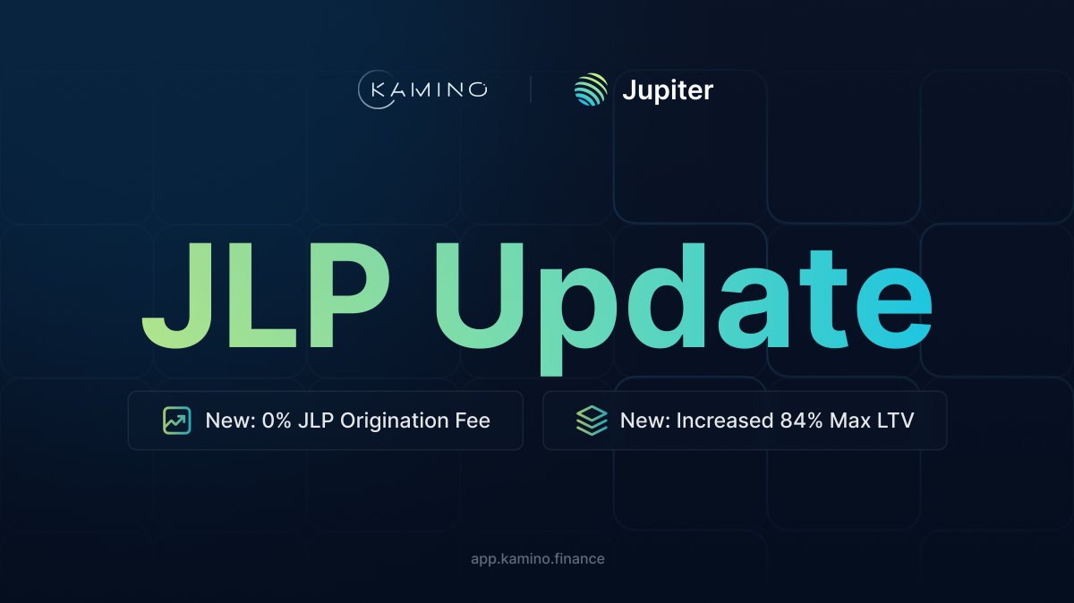1/ We are excited to announce significant updates to the $JLP Market and $JLP Multiply

As of today, Kamino's JLP Origination Fee has been removed - allowing users to open &amp; adjust positions at zero cost

In addition, Max LTV has been raised to 84% - enabling up to 6x Multiply