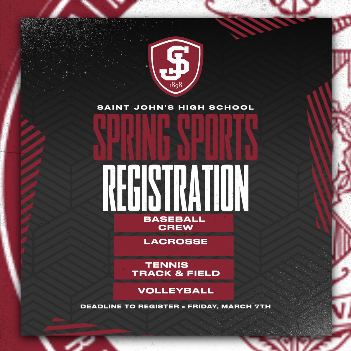 Saint John's HS Athletics (@sjhs_pioneersad) on Twitter photo Spring Sports Registration Deadline Day
<a href="/SJHSBaseball/">Saint John's HS Pioneers Baseball</a> <a href="/SJHSLacrosse/">Saint John's Lax</a> <a href="/StJohnsHSRowing/">St. John's HS Rowing</a> <a href="/StJohnsVBall/">St. John's VBall</a> <a href="/SJHS_TrackField/">Saint John's HS XC & TF</a> <a href="/stjohns_tennis/">SJ Tennis</a> Spring Sports Registration Deadline Day
<a href="/SJHSBaseball/">Saint John's HS Pioneers Baseball</a> <a href="/SJHSLacrosse/">Saint John's Lax</a> <a href="/StJohnsHSRowing/">St. John's HS Rowing</a> <a href="/StJohnsVBall/">St. John's VBall</a> <a href="/SJHS_TrackField/">Saint John's HS XC & TF</a> <a href="/stjohns_tennis/">SJ Tennis</a>