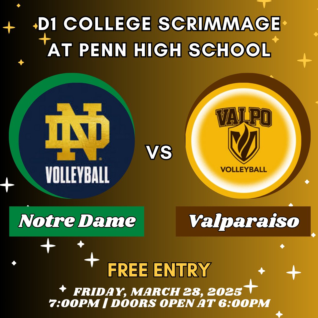 Penn will host Notre Dame vs Valparaiso in a Div. I Volleyball scrimmage at 7 p.m., Friday, March 28. 

The event is free. Arena doors open 6 p.m.

Cheer on the Fighting Irish &amp; the Beacons, who feature Penn alumni Addy Kois and Emma Hickey playing on their H.S. home court !!!!
