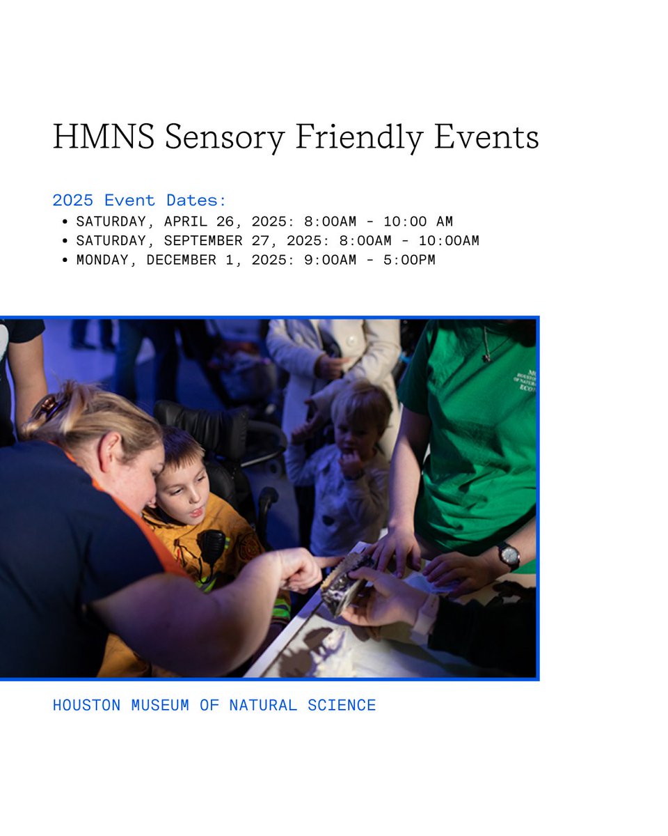 Houston Museum District (@houmuseums) on Twitter photo <a href="/hmns/">The Houston Museum of Natural Science β€οΈπ¦π§ π</a> hosts Sensory Friendly events three times a year with modified exhibits, quiet 2D shows, Sensory Backpacks, and Touch Carts for a more accessible experience. ποΈβ β¨οΈ
Click the link below to learn more.
l8r.it/g82d <a href="/hmns/">The Houston Museum of Natural Science β€οΈπ¦π§ π</a> hosts Sensory Friendly events three times a year with modified exhibits, quiet 2D shows, Sensory Backpacks, and Touch Carts for a more accessible experience. ποΈβ β¨οΈ
Click the link below to learn more.
l8r.it/g82d