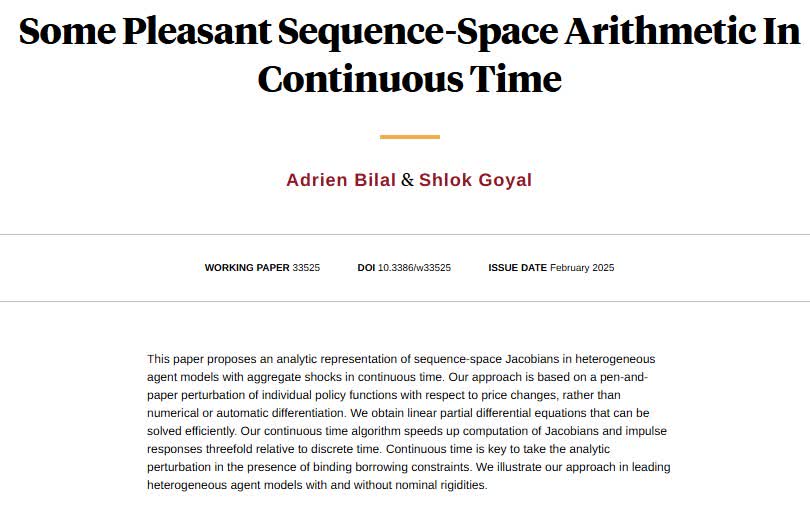 NBER (@nberpubs) on Twitter photo Proposing an analytic representation of sequence-space Jacobians in heterogeneous agent models in continuous time, which leads to a threefold speed gain, from <a href="/AdrienBilal/">Adrien Bilal</a> and Shlok Goyal nber.org/papers/w33525 Proposing an analytic representation of sequence-space Jacobians in heterogeneous agent models in continuous time, which leads to a threefold speed gain, from <a href="/AdrienBilal/">Adrien Bilal</a> and Shlok Goyal nber.org/papers/w33525