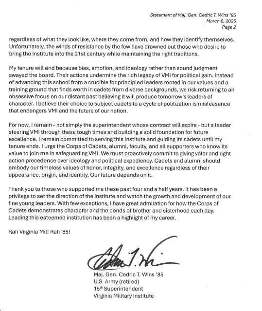 After Youngkin Appointees Vote to Oust VMI’s First Black Superintendent, Cedric Wins, He Calls Out “misfeasance that endangers VMI and the future of our nation”; decision "abandons the values of honor, integrity and excellence up on which VMI was built." bluevirginia.us/2025/03/after-…