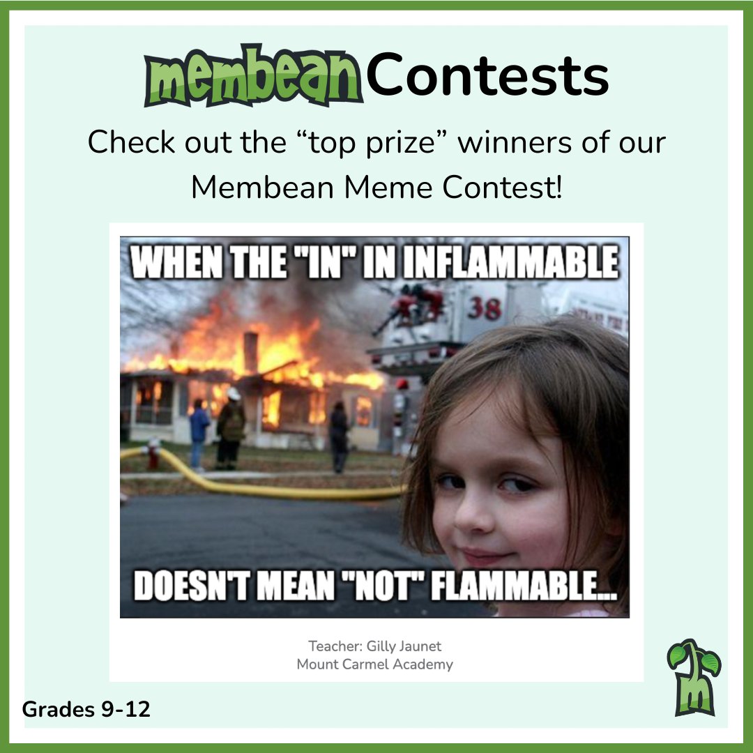 Round 2 of our Membean Meme Contest winners is here! 🎉 Check out the next batch of top prize winners! 

See all the winners or try it out yourself by downloading the lesson on our website!

#ThatsAMembeanWord #MembeanMeme #ContestWinners #CelebratingExcellence