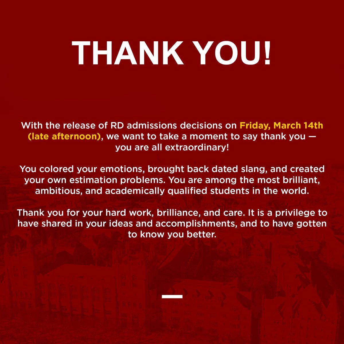 The RD admissions decisions will be released on Friday, March 14th!