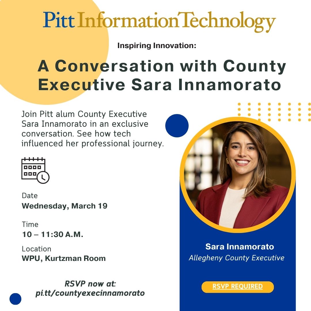 📅 Back to Campus Excitement! 🗣️ Join us for "A Conversation with County Exec Sara Innamorato" on Wednesday, March 19, at 10-11:30 AM. Explore tech's role in her career, and earn OCC. Info &amp; register: pi.tt/itcalendar. #TechAmbassadors #H2P #PittNow