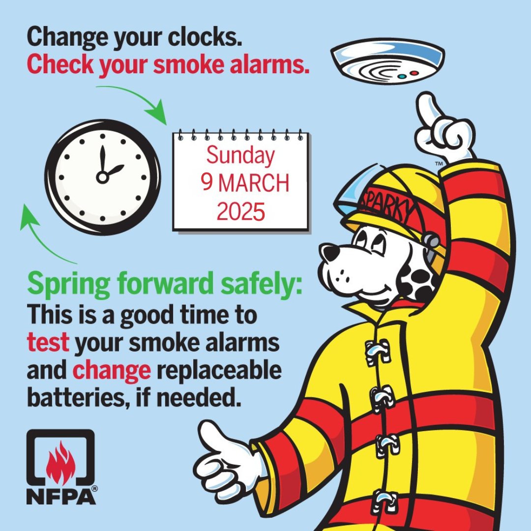 Sparky_Fire_Dog's tweet image. Daylight saving time starts Sunday, March 9th! Use this as a reminder to test your smoke alarms and replace batteries if needed. Share tips with friends and family using our social media cards: nfpa.org/smokealarms #DaylightSavings