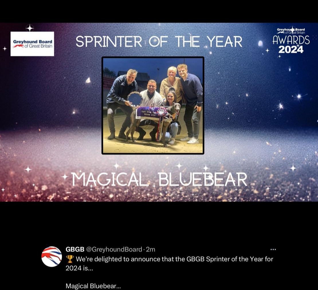 Congratulations to the Russell family and owners Garry and Karen Philips on Magical Bluebear winning Sprinter of the Year last night. Great achievement for you all. 🌟