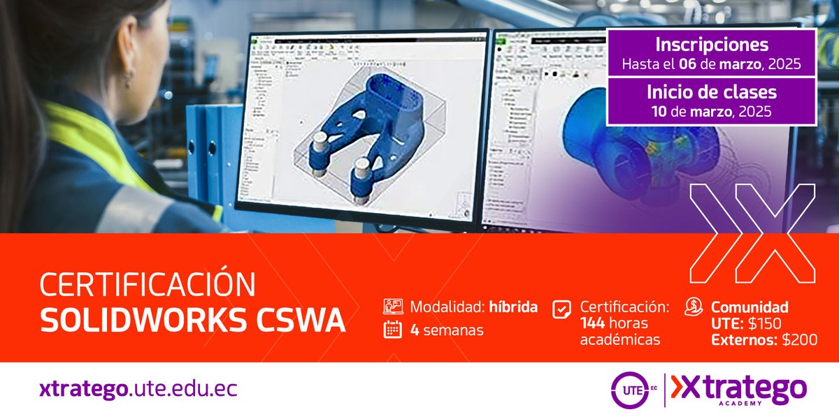 UTEoficial's tweet image. ¿Quieres certificarte en SolidWorks? 🚀 En 4 semanas dominarás el diseño 3D y estarás listo para aprobar el examen CSWA.

📢Inscríbete ya: bit.ly/415iXG1

#SolidWorks #CertificaciónCSWA #UniversidadUTE #XtrategoAcademy