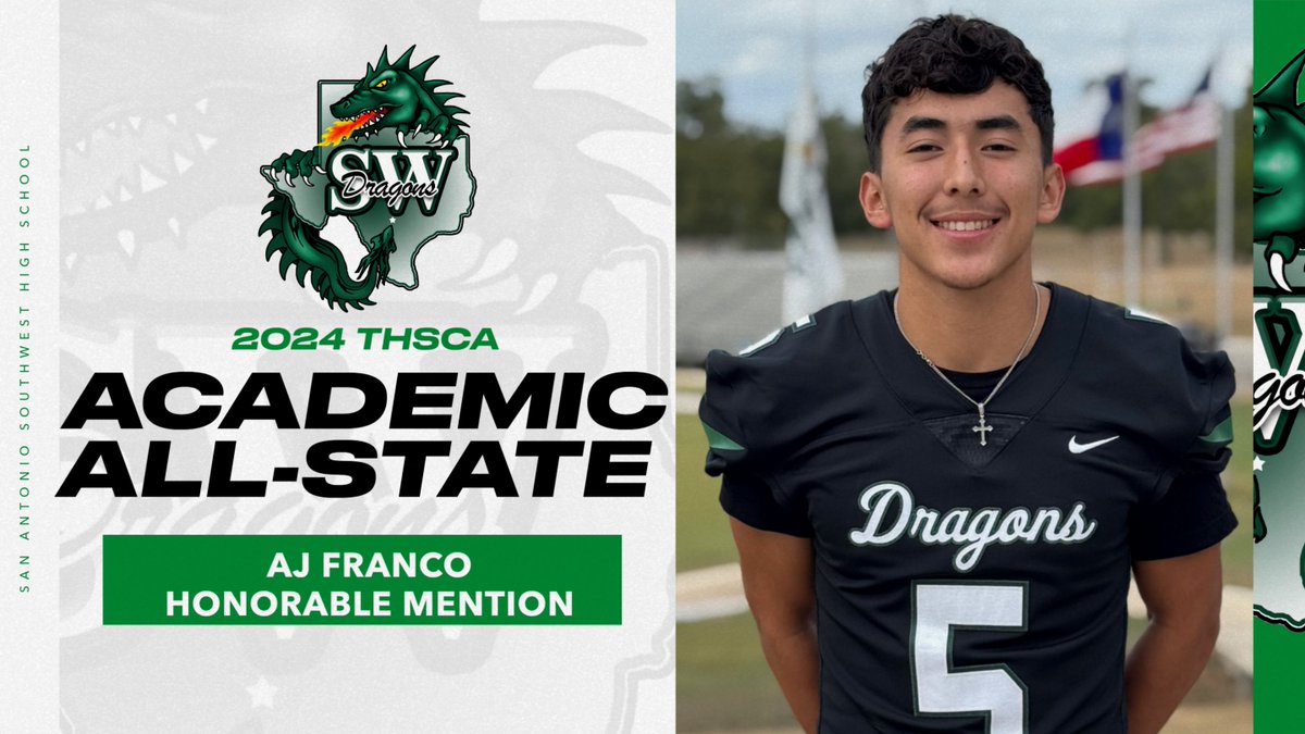 SWDragonsFB's tweet photo. Congratulations to @aj_franco10 on receiving Honorable Mention on the @THSCAcoaches Academic All-State Team! #WeareSW #AAAO https://t.co/I0P3jAFeqp