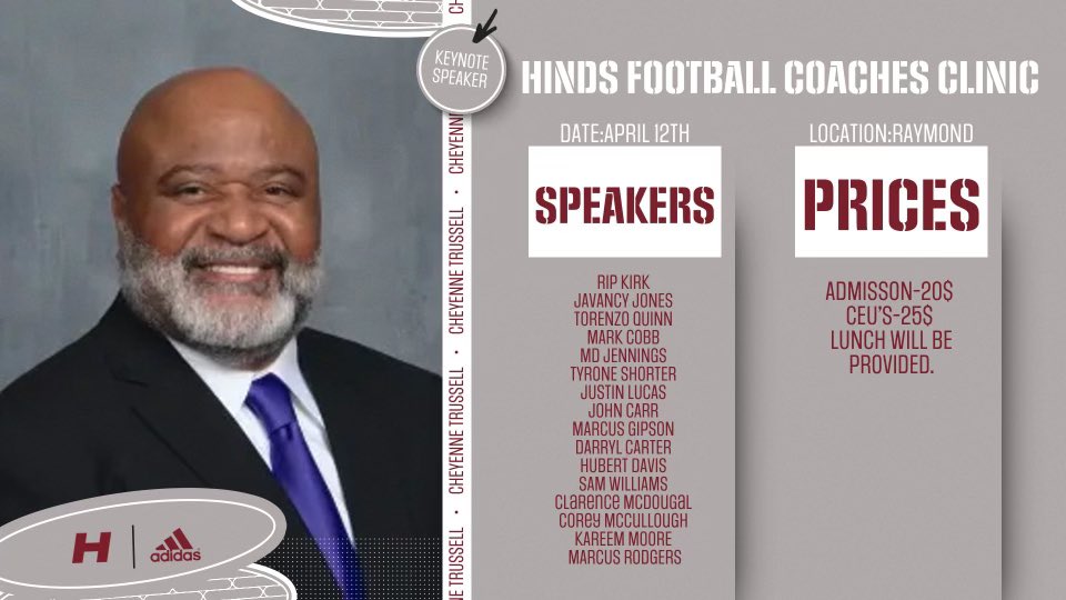 Don’t miss the opportunity to learn from some of the top minds in football at the high school, JUCO, and Division 1 levels!

Join us on April 12, 2025, for the Hinds CC Coaches Clinic!

CEUs will be available 

sports.hindscc.edu/sports/2025/2/…