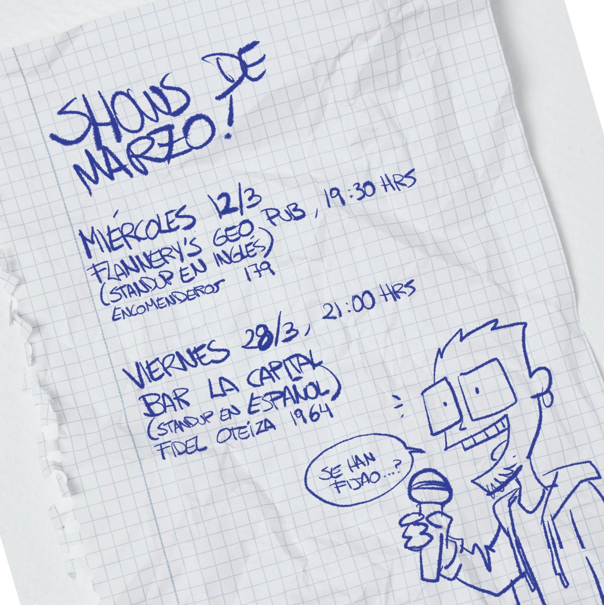 Pa darme color (Y pa que no me aleguen que nunca aviso cuando hago standup), hice un flyer con los shows en los que estaré este mes.
Si quiere reírse un rato (En inglés y/o español) dese una vuelta.
Ambos shows con aporte voluntario, pero mientras vaya, se ría y consuma, todo ok