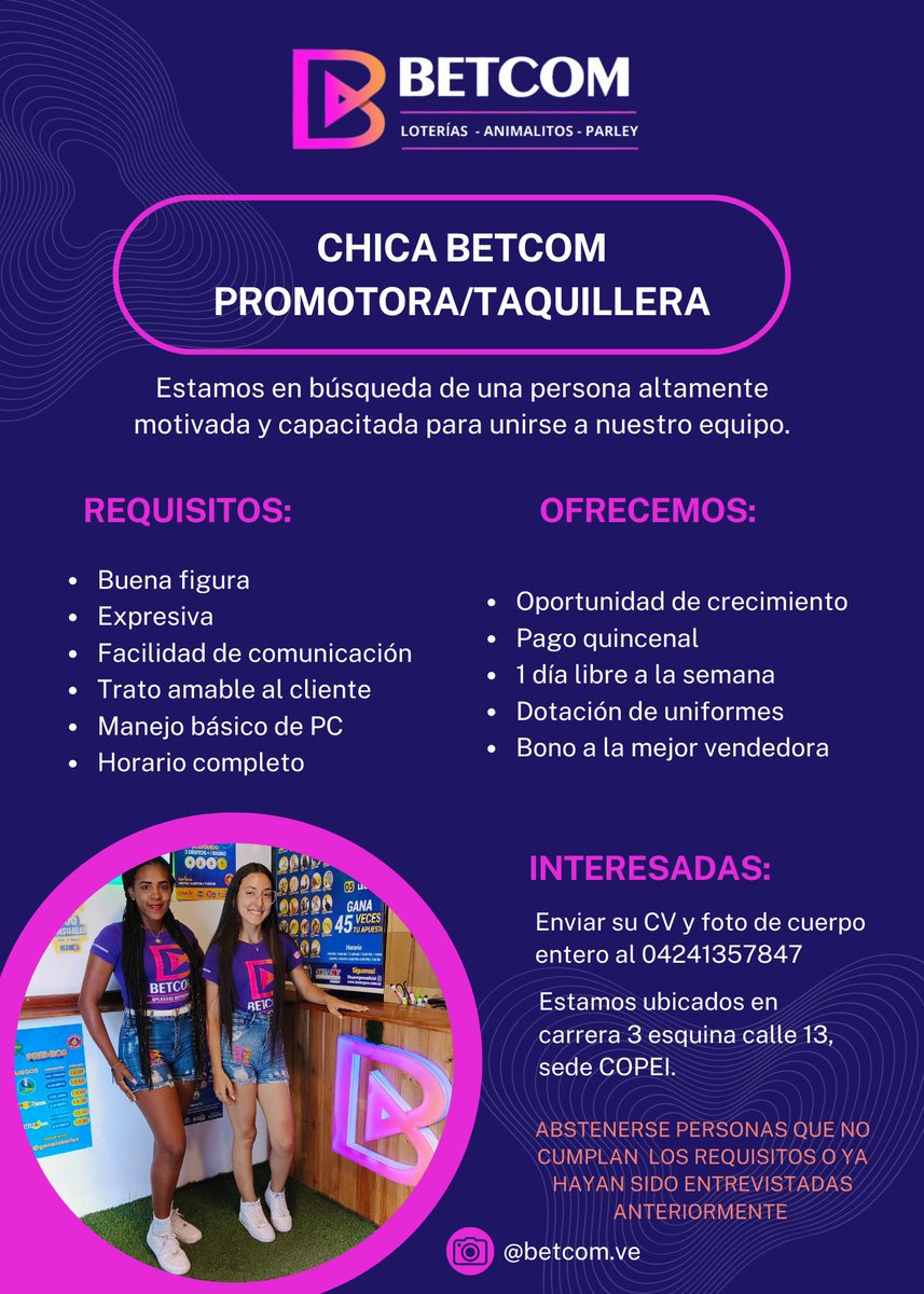 grupobetcom's tweet photo. Oportunidad laboral! 

#trabajo #ofertadeempleo #SantaBarbaraBarinas #empleo https://t.co/fPgYoIytqm
