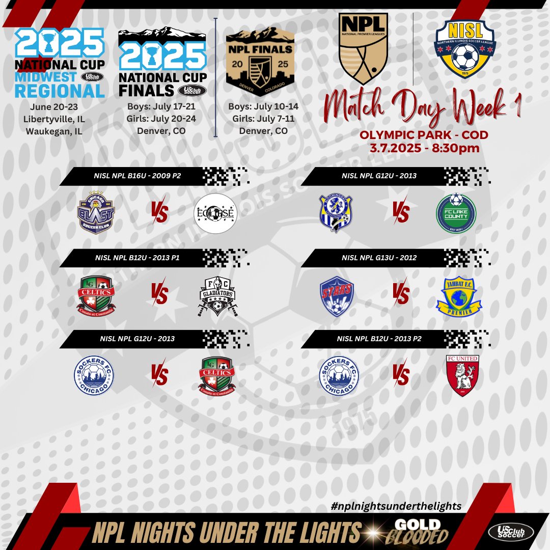 NISL NPL Match Day Week 1!!
Kicking off on March 7, Friday night of NPL Spring season! Welcome back all players and coaches!
Good luck in your matches!!!

#nplnightsunderthelights
#nationalpremierleague #soccer #npl
