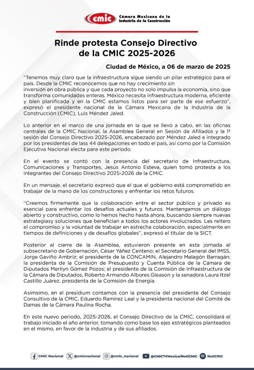El Consejo Directivo 2025-2026 de la CMIC nacional, encabezado por Luis Méndez Jaled, rindió protesta ayer. #NotiCMIC #Construcción #Infraestructura #Asamblea #CMICNacional