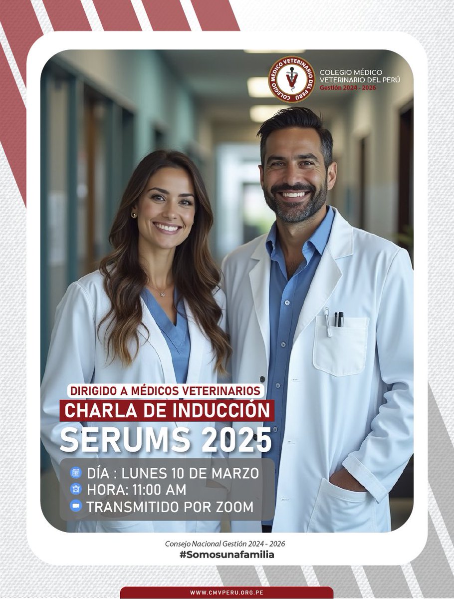 𝐂𝐇𝐀𝐑𝐋𝐀 𝐃𝐄 𝐈𝐍𝐃𝐔𝐂𝐂𝐈𝐎́𝐍 - Dirigido a Médicos Veterinarios
Charla dirigida a médicos veterinarios. prepárate para el examen del 𝐒𝐄𝐑𝐔𝐌𝐒 𝟐𝟎𝟐𝟓. 
Puedes inscribirte en el siguiente Link: forms.gle/8rfXgUErXXg1gc…
#colegiomedicoveterinariodelperu