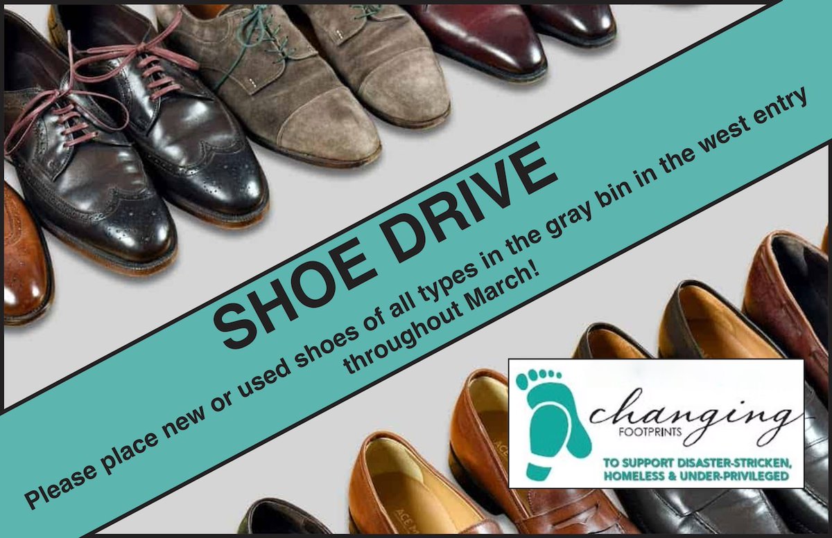 If your spring cleaning includes getting rid of some old shoes, please send them our way! We're collecting new or used shoes of all types in the gray bin in the west entry throughout March.