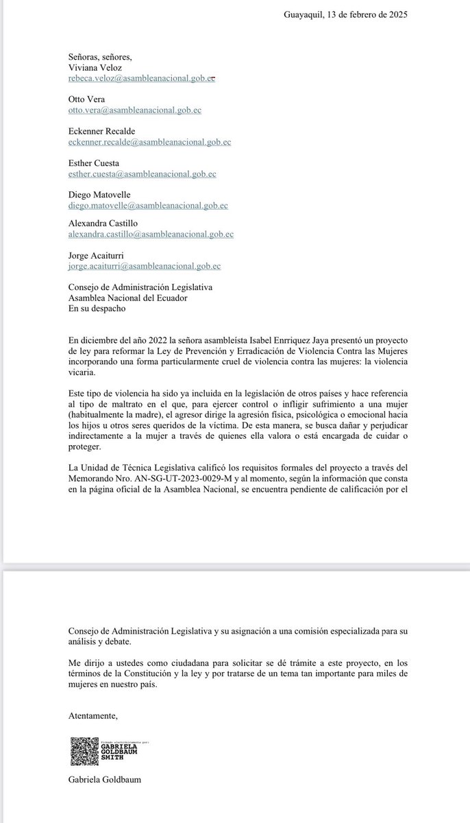 ecuainm_oficial's tweet photo. ‼️#URGENTE
La exesposa del presidente Noboa, Gabriela Goldbaum, informa solicitó al Consejo de Administración Legislativa tratar el Proyecto de Ley Reformatoria a la Ley Orgánica Integral de Prevención y Erradicación de Violencia contra las Mujeres, para Incluir a la Violencia Vicaria como otro Tipo de Violencia contra las Mujeres.