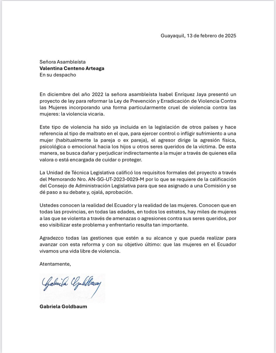 ecuainm_oficial's tweet photo. ‼️#URGENTE
La exesposa del presidente Noboa, Gabriela Goldbaum, informa solicitó al Consejo de Administración Legislativa tratar el Proyecto de Ley Reformatoria a la Ley Orgánica Integral de Prevención y Erradicación de Violencia contra las Mujeres, para Incluir a la Violencia Vicaria como otro Tipo de Violencia contra las Mujeres.