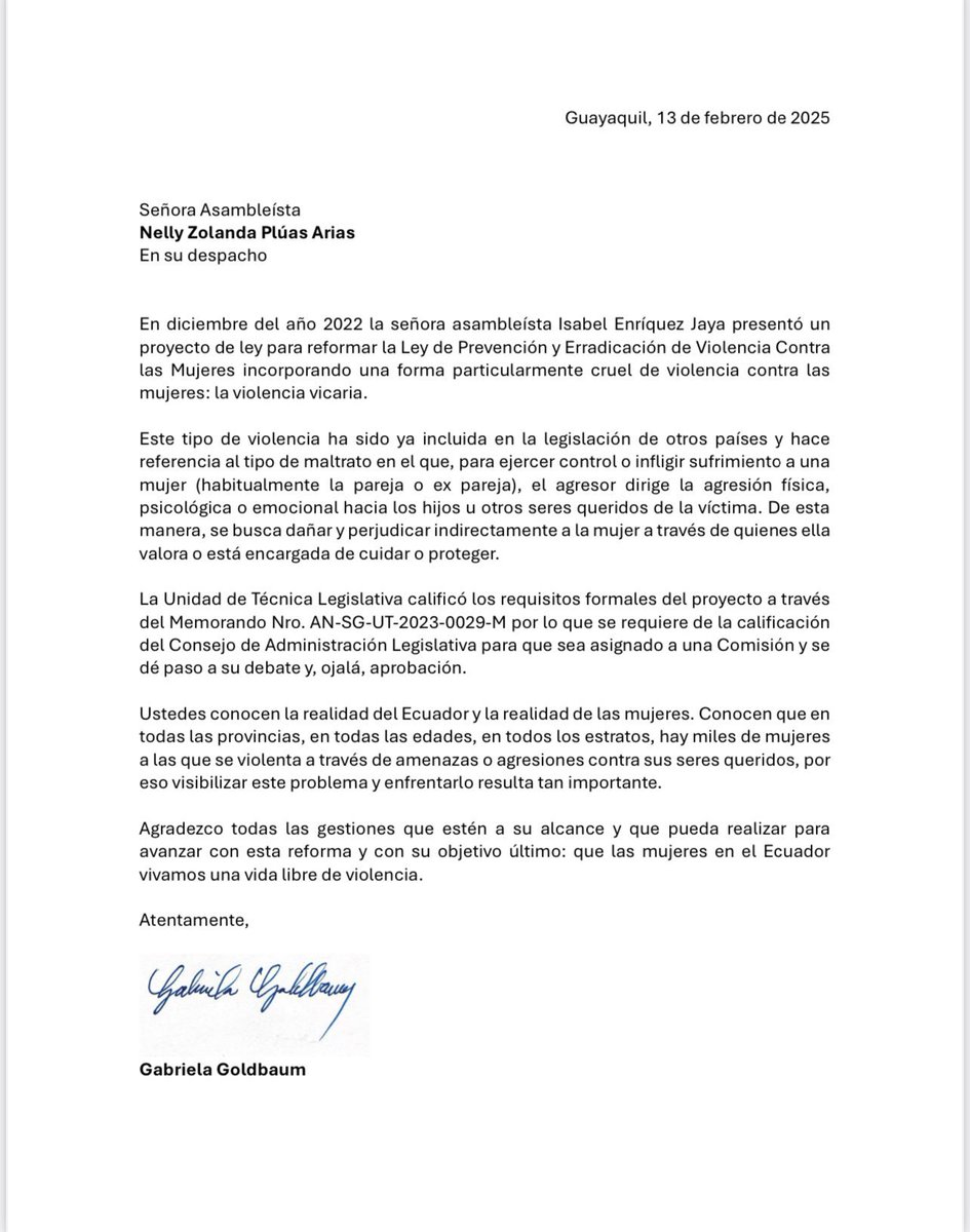 ecuainm_oficial's tweet photo. ‼️#URGENTE
La exesposa del presidente Noboa, Gabriela Goldbaum, informa solicitó al Consejo de Administración Legislativa tratar el Proyecto de Ley Reformatoria a la Ley Orgánica Integral de Prevención y Erradicación de Violencia contra las Mujeres, para Incluir a la Violencia Vicaria como otro Tipo de Violencia contra las Mujeres.