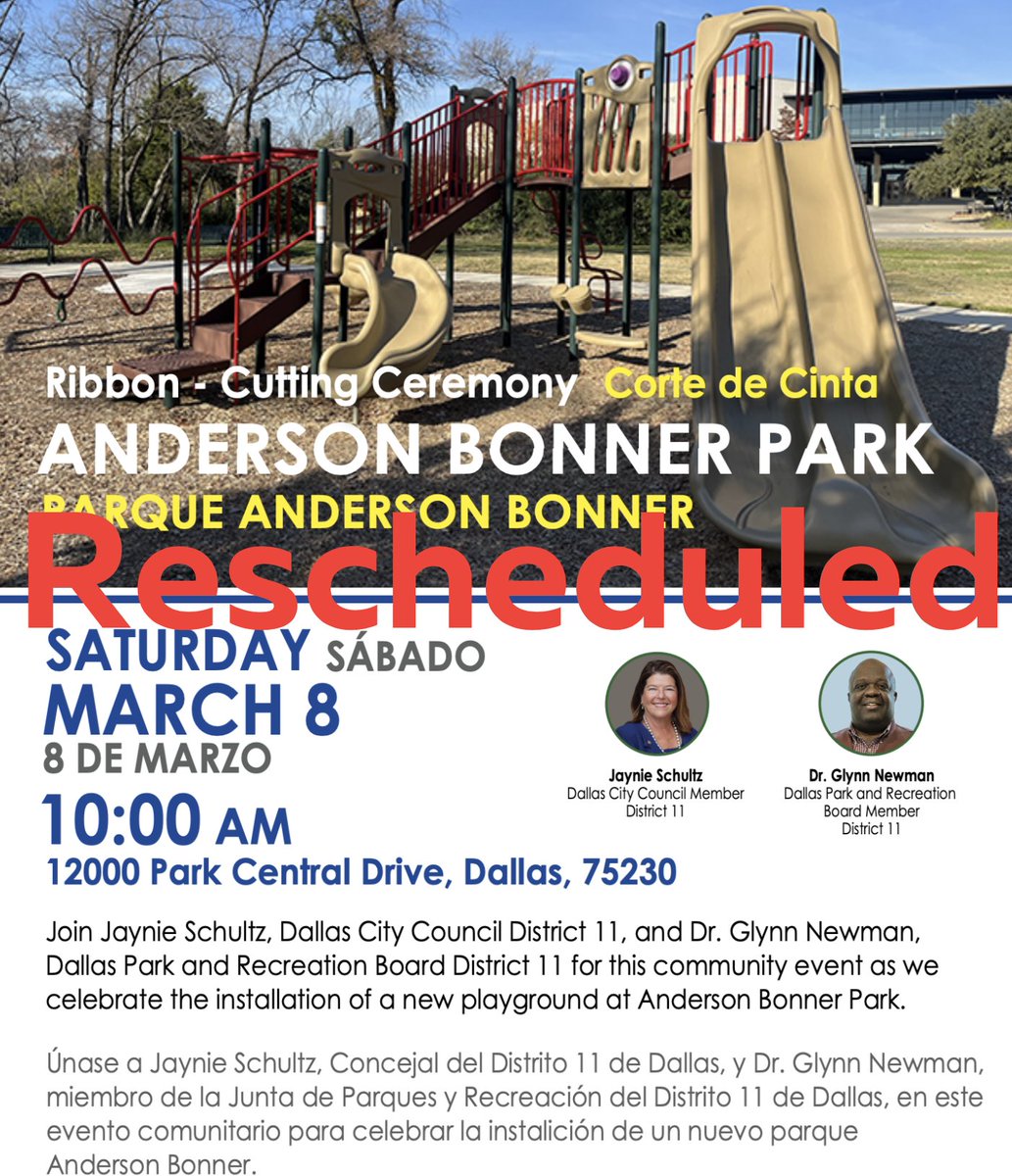 Tomorrow’s Anderson Bonner Playground Ribbon Cutting is being rescheduled due to the weather forecast. Stay tuned for further details. 

The Kiowa Branching Out is still happening, rain or shine.
