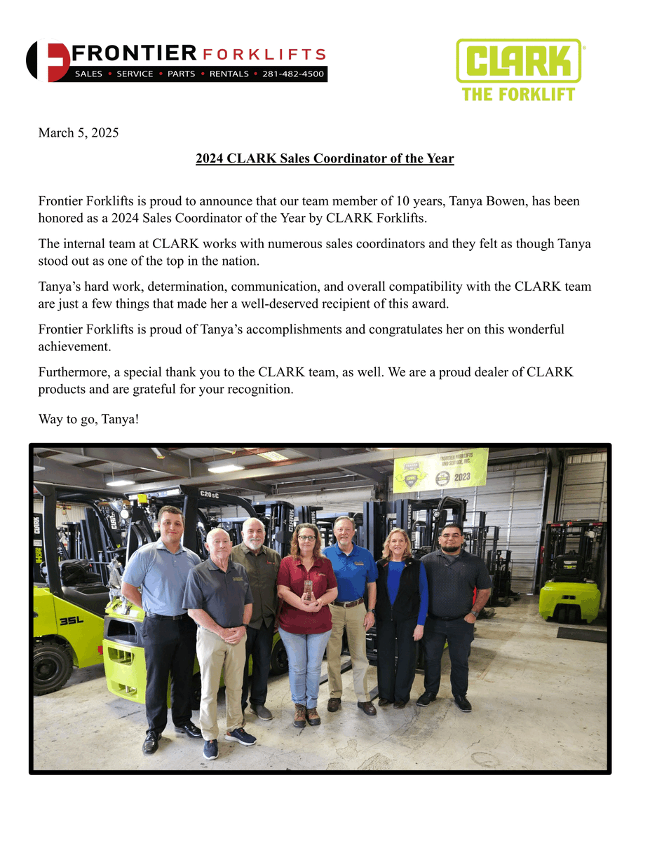 frontierfork's tweet image. Frontier Forklifts is proud to announce that our team member of 10 years, Tanya Bowen, has been honored as a 2024 Sales Coordinator of the Year by CLARK Forklifts.

Way to go, Tanya!