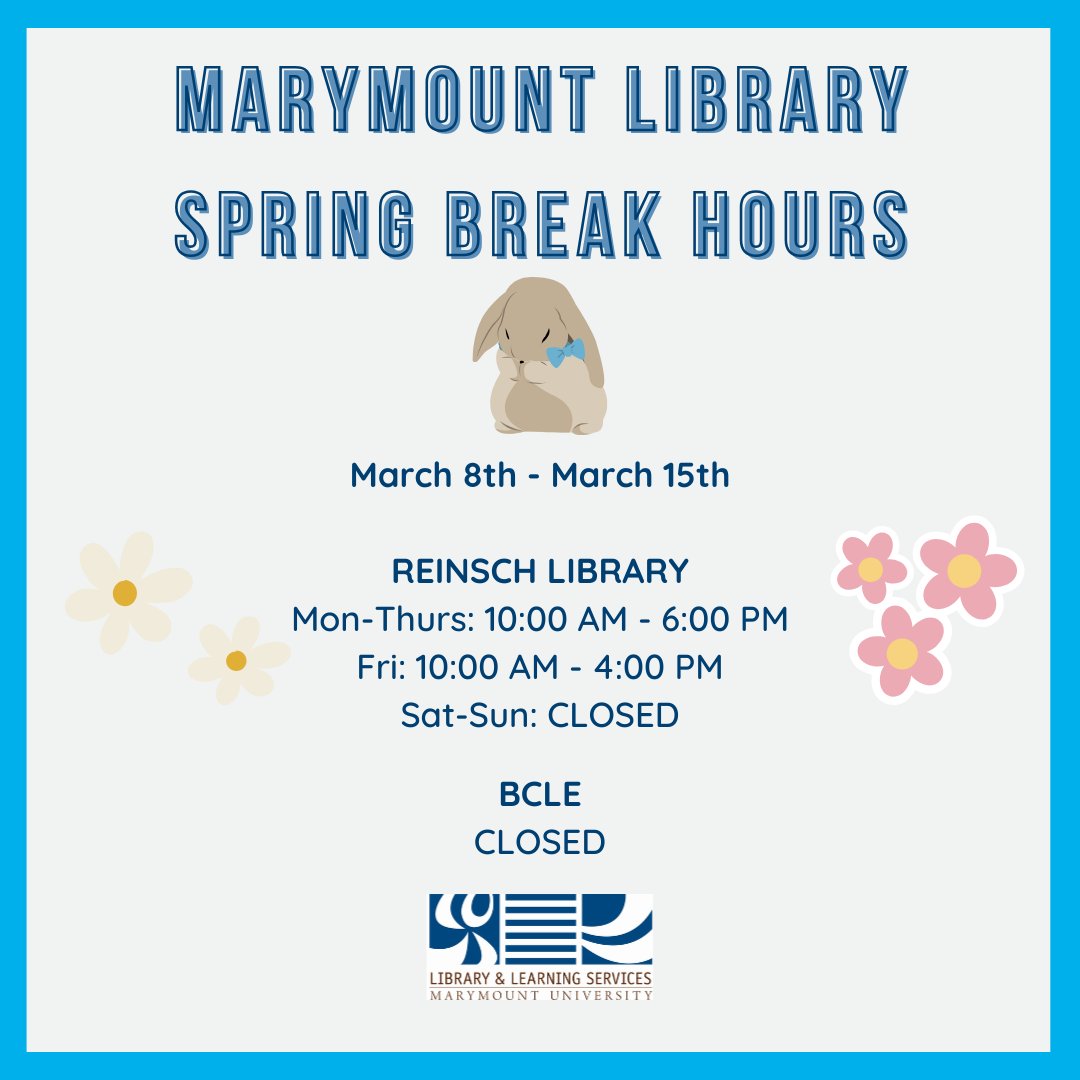 mulibraries's tweet photo. Have a great Spring Break, Saints! 🌸Here are the library's hours for Saturday, March 8th - Saturday, March 15th. https://t.co/8vhytjhurP