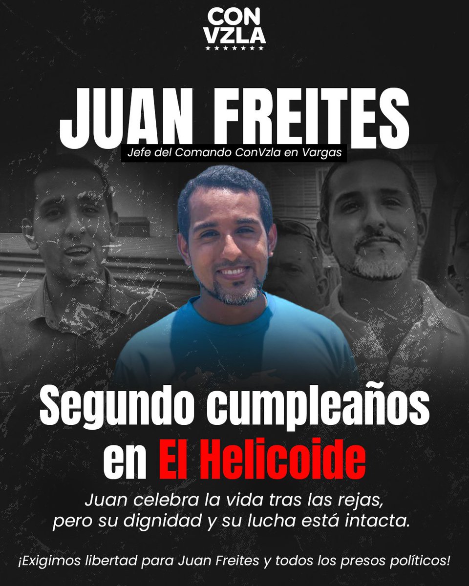 Hoy <a href="/juanfreites/">Juan Freites</a>, jefe del <a href="/ConVzlaComando/">Comando ConVzla</a> en Vargas, pasa su segundo cumpleaños en El Helicoide, donde está secuestrado por el régimen criminal de Maduro, pero su dignidad y lucha por la libertad de Venezuela se mantiene intacta. 

Exijimos su libertad inmediata y la de todos