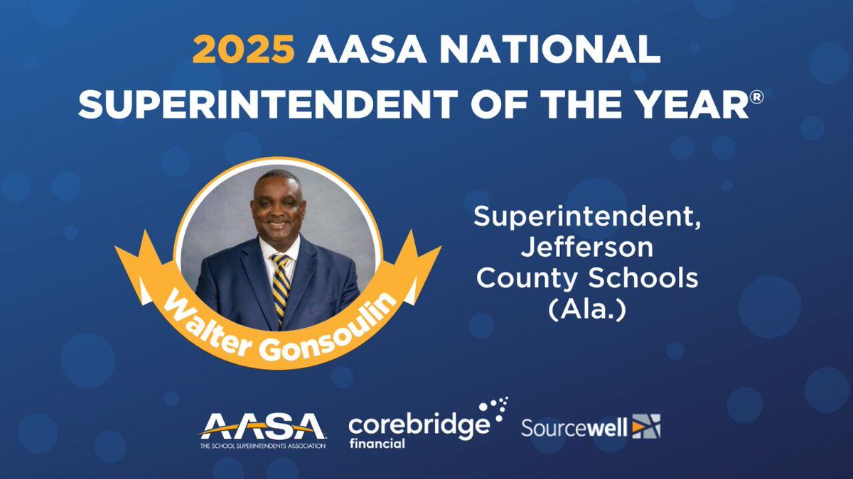 ParentSquare (@parentsquare) on Twitter photo Congratulations to Dr. Walter Gonsoulin, Jr. of <a href="/JEFCOED/">Jefferson County Schools</a> on being named the <a href="/AASAHQ/">AASA</a> 2025 Superintendent of the Year!
As the 37th recipient of this national honor—and the first from the state of Alabama—Dr. Gonsoulin's dedication to education and leadership is truly inspiring. 🌠 Congratulations to Dr. Walter Gonsoulin, Jr. of <a href="/JEFCOED/">Jefferson County Schools</a> on being named the <a href="/AASAHQ/">AASA</a> 2025 Superintendent of the Year!
As the 37th recipient of this national honor—and the first from the state of Alabama—Dr. Gonsoulin's dedication to education and leadership is truly inspiring. 🌠