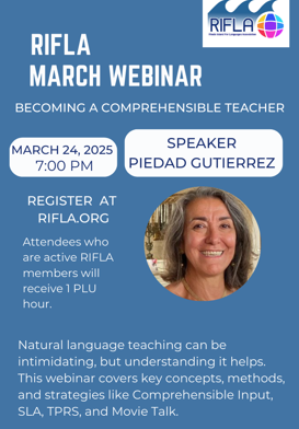 📢 Calling all language educators! Join RIFLA on March 24, 2025, for an engaging webinar on becoming a comprehensible teacher! 🌍✨

📅 When? March 24, 2025 (via Zoom)
🔗 Register now: rifla.org/events
