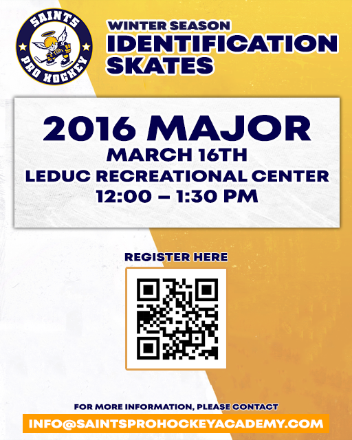 Saints Pro Hockey Academy is hosting a 2016 Major ID Skate on March 16th! Check out the details in the graphic below!

Register here: bit.ly/4ktg8HK