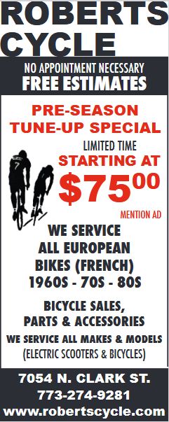 Limited time Pre-Season Tune-Up Special: $75.
Rogers Park, Chicago
(773) 274-9281