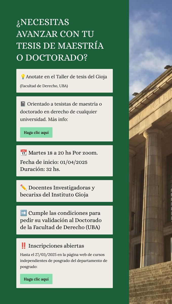 ¿Necesitas avanzar con tu tesis de maestría o doctorado?

💡Anotate en el Taller de tesis del Instituto Gioja 
 Más info: tinyurl.com/5es6a245

📆 Martes de 18 a 20 hs.

‼️ Inscripciones abiertas hasta el 27/03/2025 en:  tinyurl.com/y32h8rnb