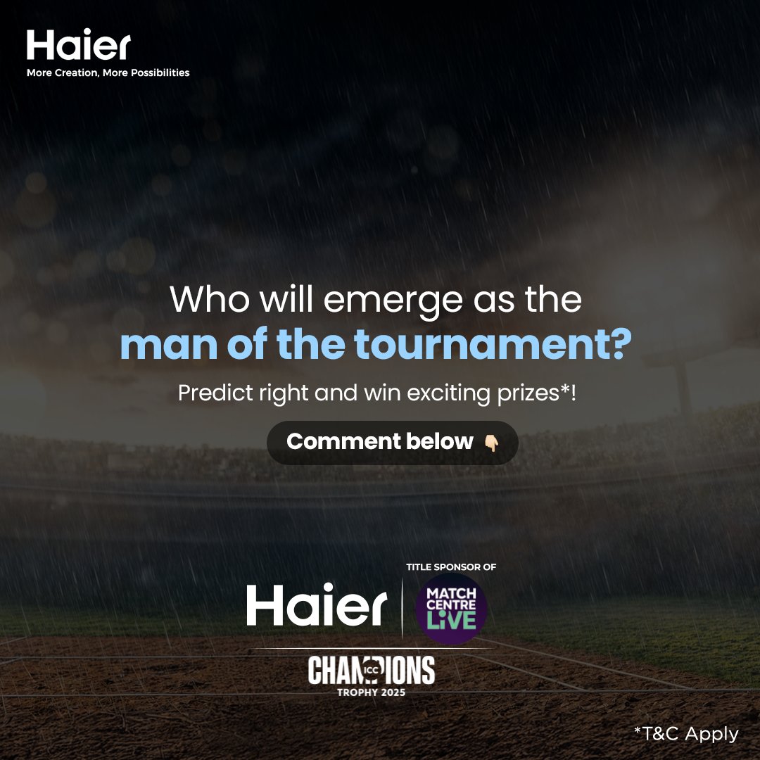 Get ready for the biggest game, the biggest moments, and the biggest wins on your Haier OLED TV with the power of Dolby Atmos and MEMC.

Drop your predictions for Man of the Tournament in the comments and win exciting prizes!
#HaierChampionsPlay

#Haier #Contest #IndVsNZ #ICC