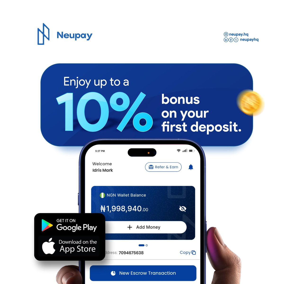 neupayHQ's tweet photo. 🚀 Get 10% Bonus on Your First Deposit with Neupay! 🚀

🔒 Secure Transactions with Escrow: 
Our escrow feature ensures safe and reliable transactions for both E-commerce and the Gig economy.

Natasha | #neupay | Akpabio | #IWD2025 | #IWD https://t.co/iZ0tUXKPU9