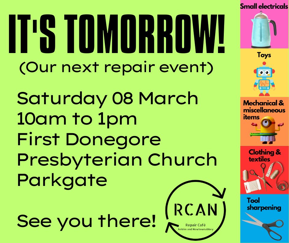 Our Repair Café is coming to Parkgate tomorrow.  😁😁😁

📅 Saturday, 8th March 2025
🕙 10am to 1pm
📍 First Donegore Presbyterian Church, Parkgate

Book your repair slot here: ti.to/repair-cafe-an…

We can't wait to see you!!!