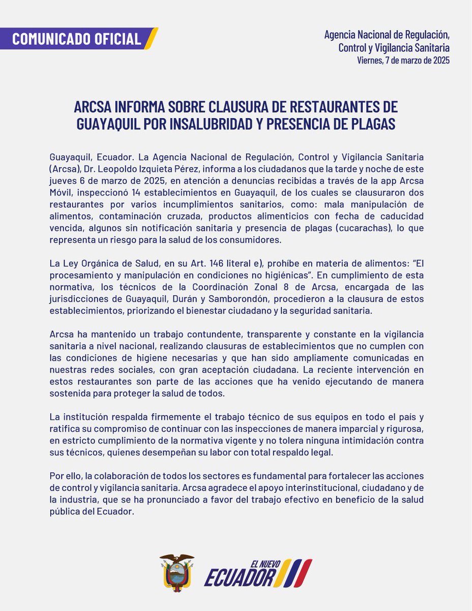 #ComunicadoArcsa 📃 | Se informa a los ciudadanos acerca de la clausura de 2 restaurantes de #Guayaquil que se realizó este jueves, reiterando el compromiso firme y transparente de la institución con la salud pública. 

#ElNuevoEcuador 🇪🇨