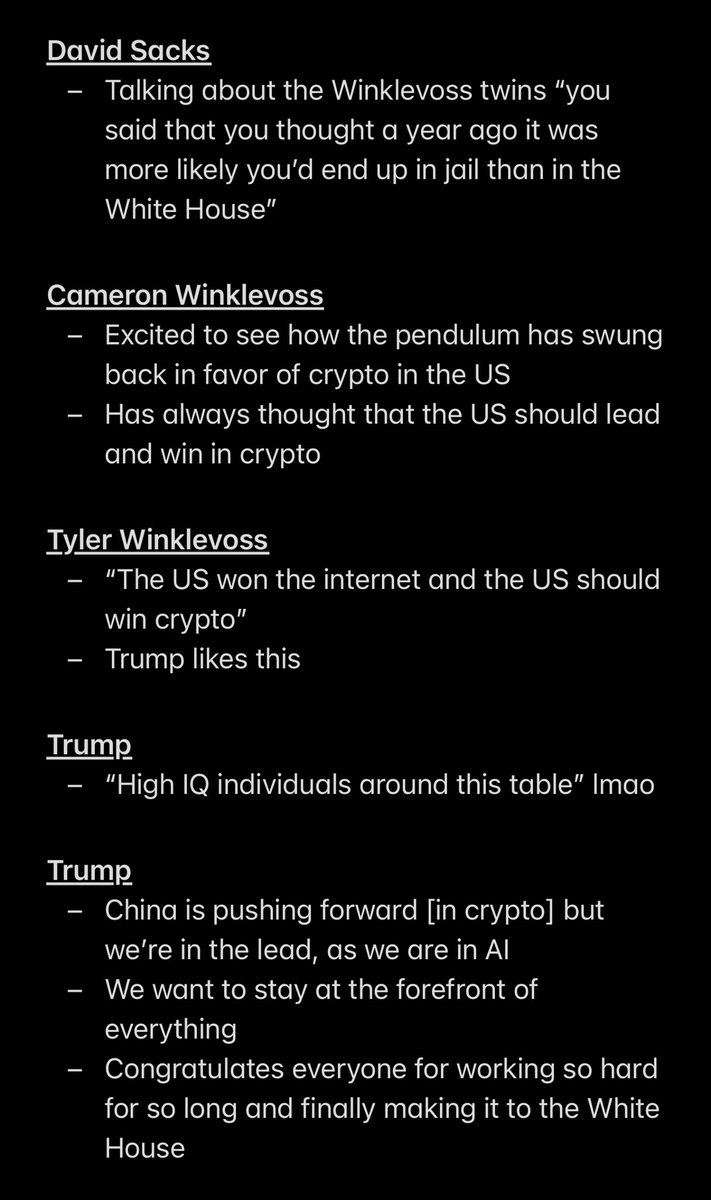 as is tradition, intern notes on the White House Crypto Summit covering

- Strategic Bitcoin Reserve
- Stablecoin Growth
- Beating China

25 minute stream distilled into 4 screenshots 👇