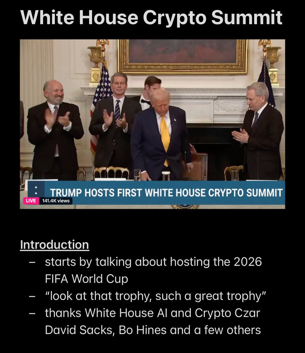 as is tradition, intern notes on the White House Crypto Summit covering -  Strategic Bitcoin Reserve - Stablecoin Growth - Beating China 25 minute  stream distilled into 4 screenshots 👇