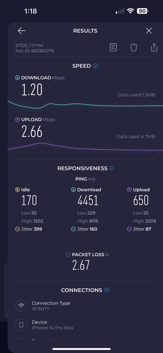 bfaithwick's tweet photo. What happened to my expensive Xfinity Internet.  It has been intermittently slow last several days https://t.co/UA8yWf2vtP